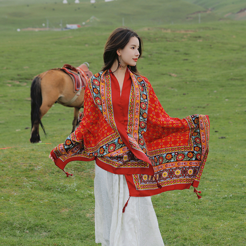 Tíbet turismo estilo étnico rojo algodón y lino sensación bufanda viajes fotografía decorativo chal moda desgaste exterior bufanda grande