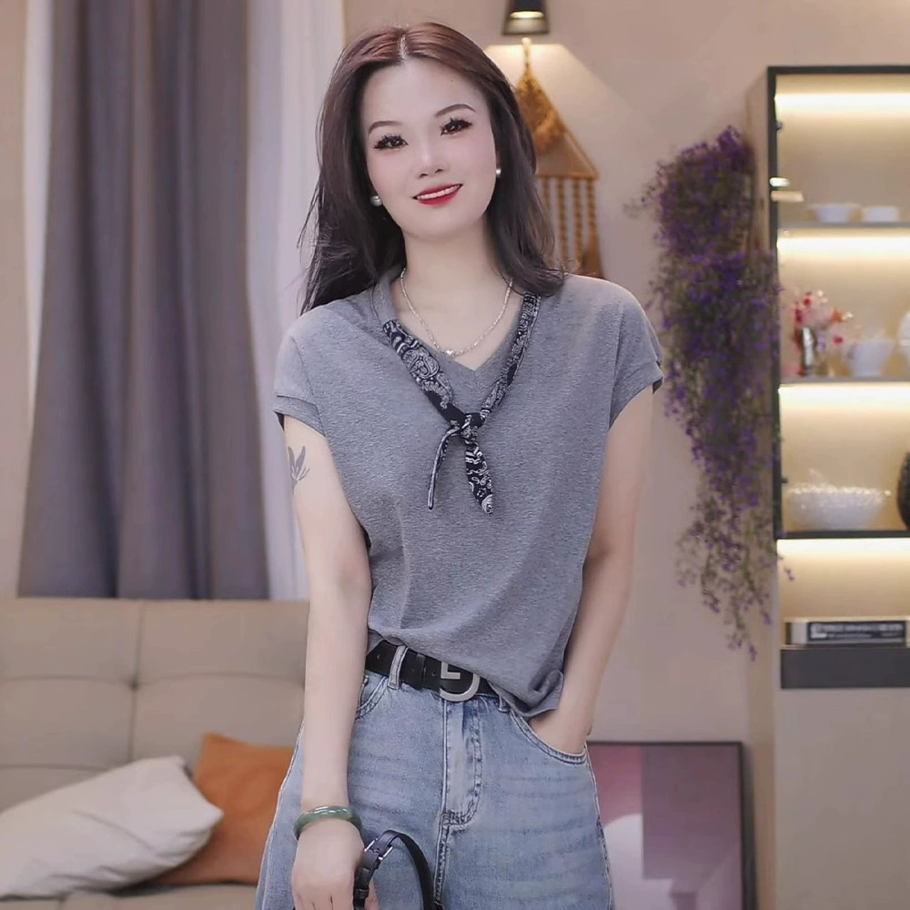 Дизайнерская футболка с v-образным вырезом и короткими рукавами, новинка лета 2025 года, Z Petite Mother, универсальный повседневный топ для похудения