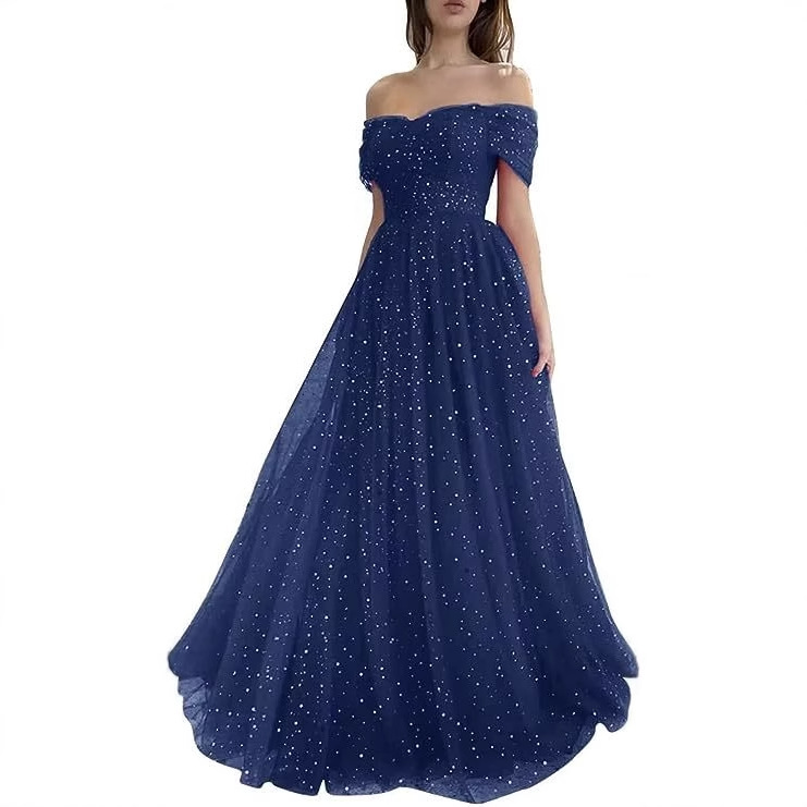 Vestido de noche para mujer, nuevo estilo de verano 2026, vestido de tul color borgoña con hombros descubiertos, estilo hada, cielo estrellado, para actuación de coro.