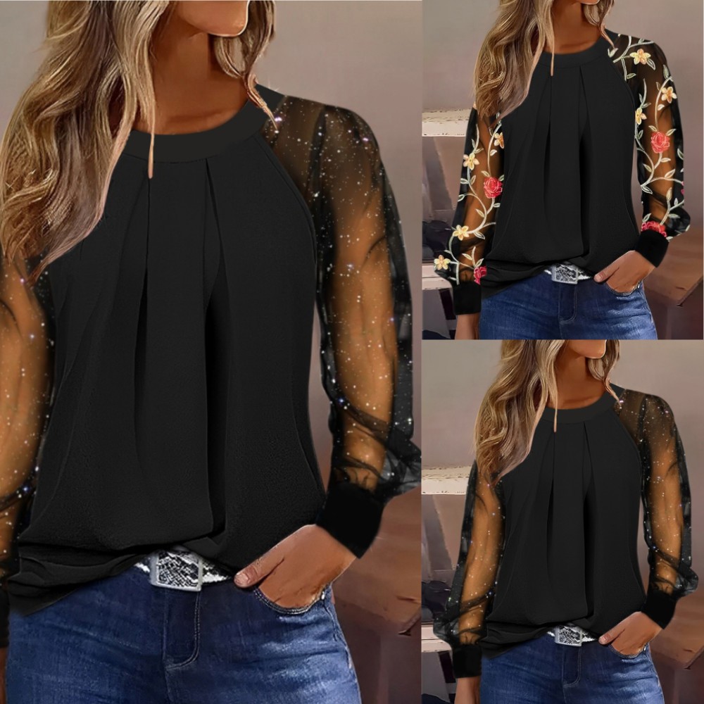 2023 estación independiente deseo Amazon popular otoño moda de manga larga cuello redondo encaje costura camisa ropa las mujeres