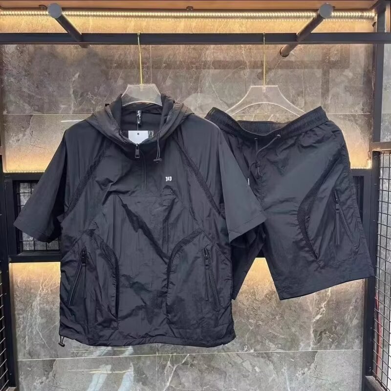 Summer Men's Casual Workwear Hooded Half-Sleeved Shorts Sports Two-Piece Suit Trendy Brand Loose Quick-Drying Multi-Pocket Pants