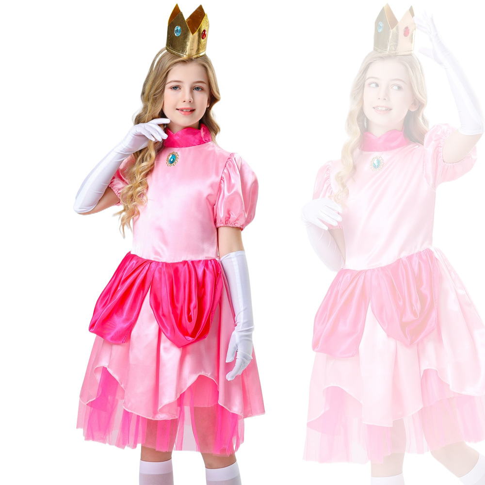 Costume for International Children's Day performance: Cosplay Princess Peach from Super Mario, pink princess child performance costume