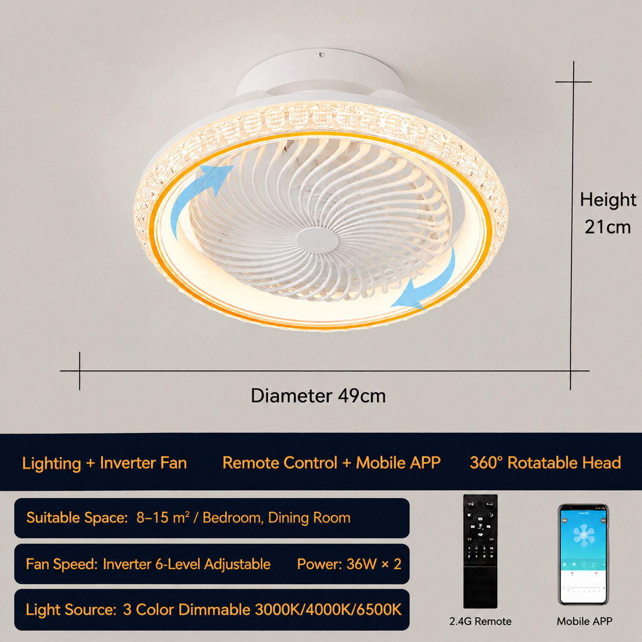 Lámpara Ventilador de Techo 110V de PC y ABS Inteligente con Control Remoto y APP para Dormitorio y Comedor