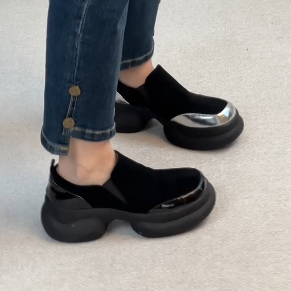 La marea no es sur ~ Suela de bizcocho retro, suela gruesa, aumento, zapatos de cuero Lefu para mujer, cuero esmerilado, punta redonda, zapatos de cuero simples