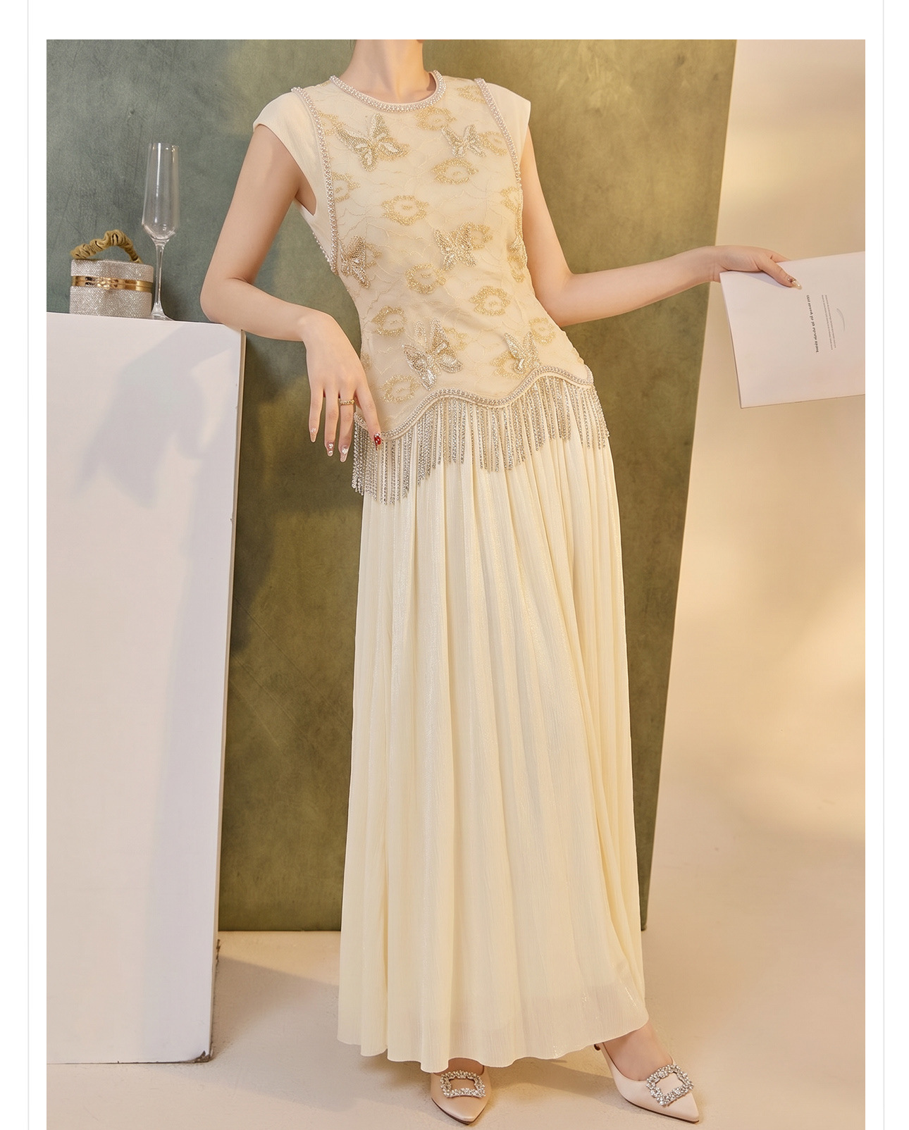 Set áo vest gile và chân váy nữ phong cách Trung Quốc cổ điển thêu đính cườm — bộ đồ, nửa váy, Trang chủ chi tiết 5