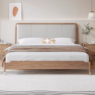 Nordic All Solid Wood Bed Leather Soft Bag Ash Pure Solid Wood Double Bed Modern Simple Master Bedroom Light Luxury Bed 1.5 Meters