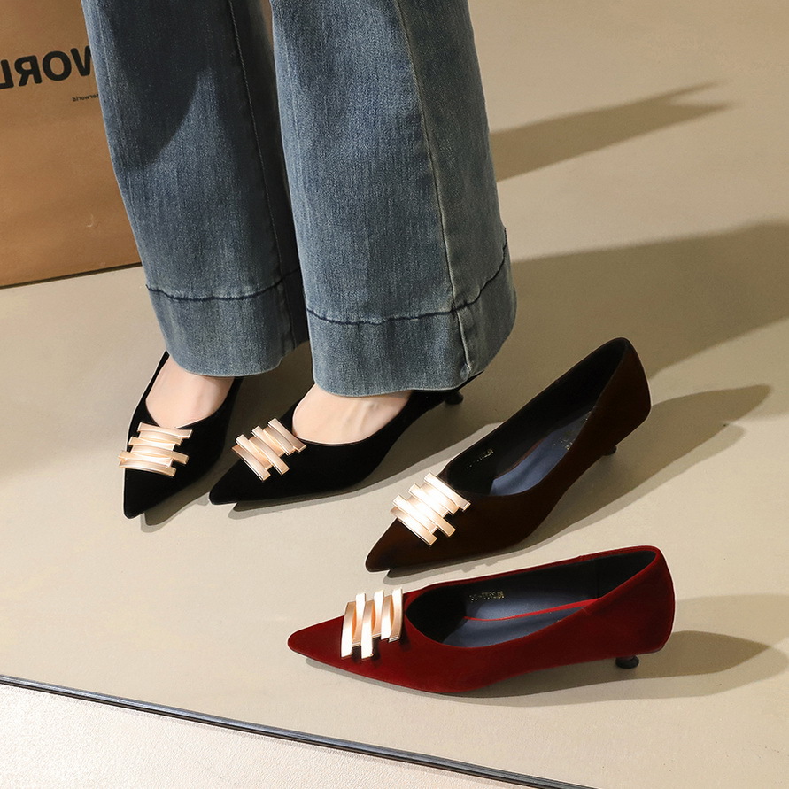 2377-K215 Korean Style Elegant Low Heel Suede Women's Pointed Toe Shallow Mouth Metal Buckle Slip-On Fashion Single_vogvips.com