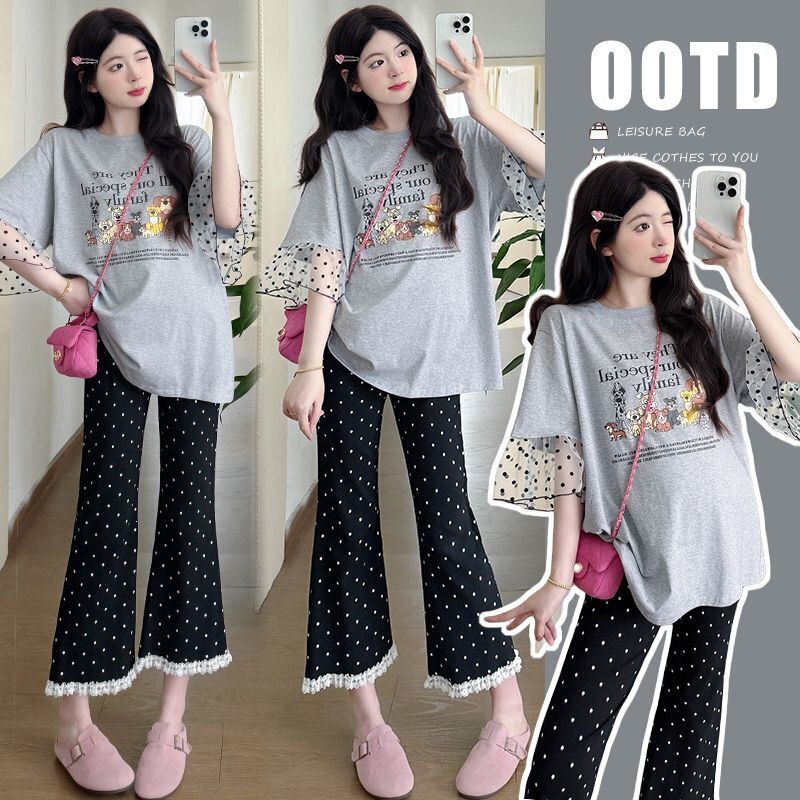 Maternity summer wear, Korean style fashion design, polka dot patchwork shirt and polka dot pants, two-piece set that doesn't constrict the belly Maternity summer wear, Korean style fashion design, polka dot patchwork shirt and polka dot pants, two-piece set that doesn't constrict the belly