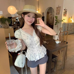 フレンチレース花柄パフ半袖シャツ女性のための 2025 新しい夏スリムユニークな美しいシャツトップ