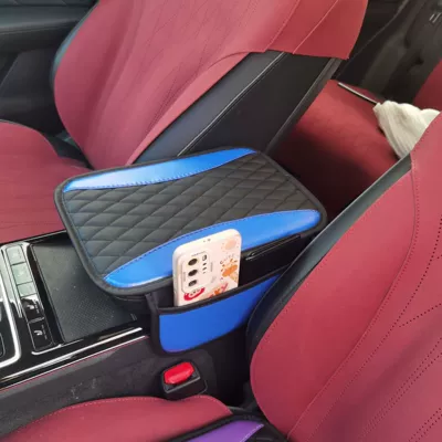 Wholesale car armrest case cushion PU leather embroidered three-dimensional cross-border explosion non-slip central armrest case cushion (Armrest box pad) - double-spell-black-blue-side-pocket