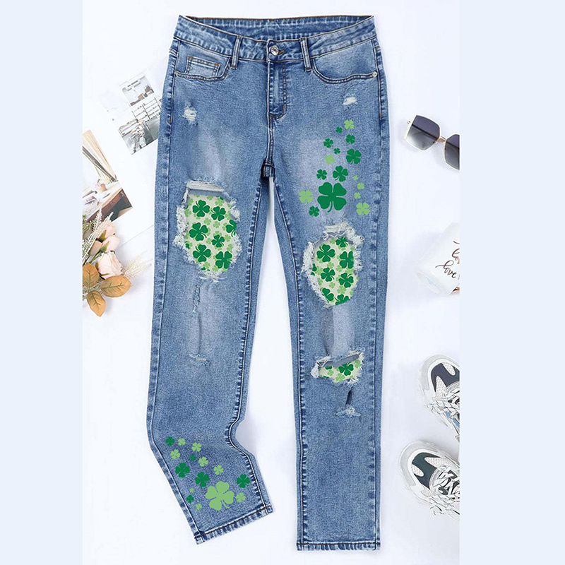 European and American cross-border Women's New Clover St. Patrick's Day clover straight casual ripped jeans for women