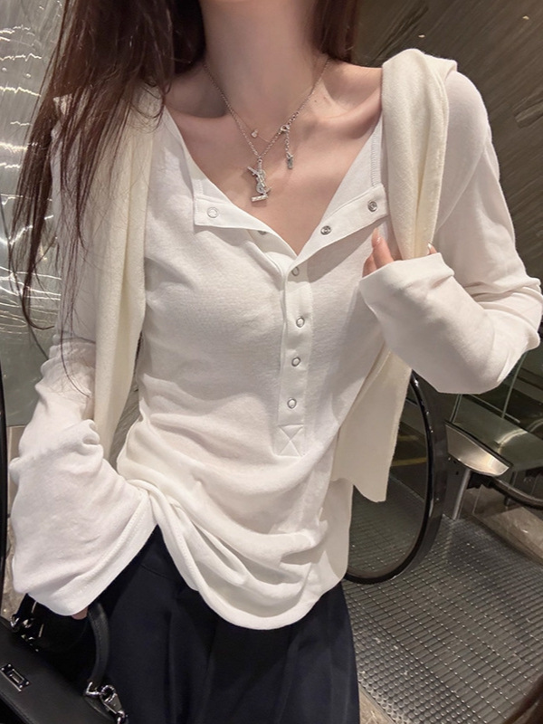 槿一 盐盐冷萃清冷琎口面料扣子显瘦慵懒t百搭显瘦复古简约风上衣|undefined
