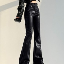 大码皮裤微喇叭裤女2025新款春秋季款高腰显瘦PU皮气质休闲拖地裤