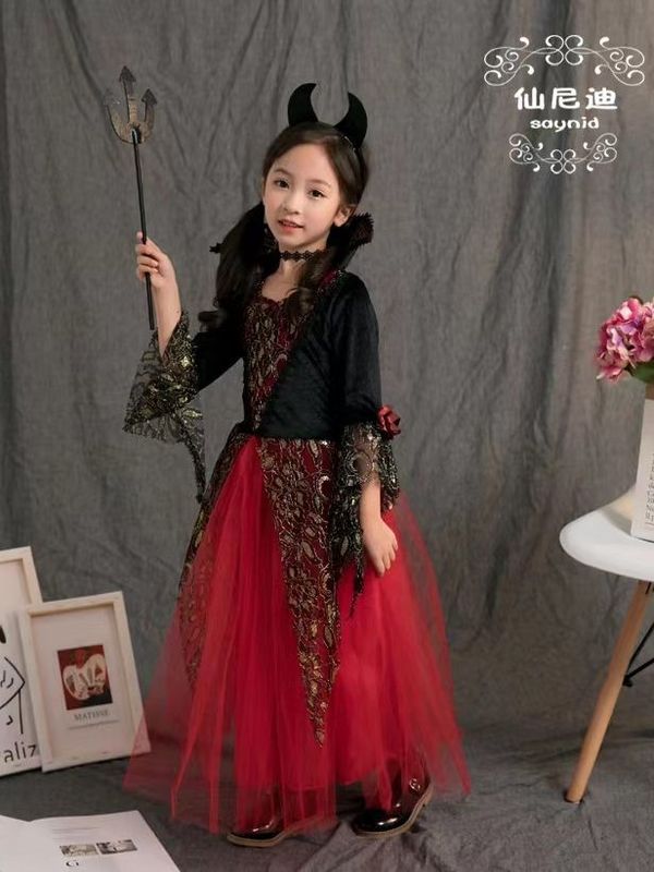子供用ハロウィン吸血鬼コスチューム魔女キャラクターのマント、デビルの角付きロリータ風セット|undefined