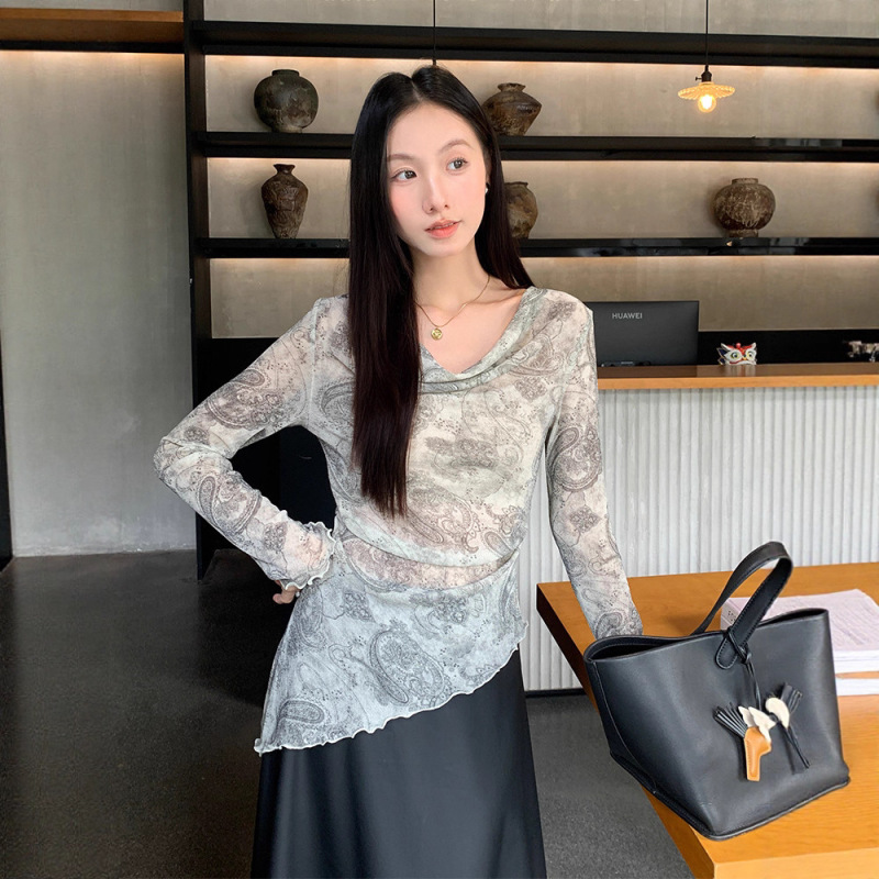 杭州漂依2025秋季新款别致晕染堆堆领木耳花边长袖T恤女精致上衣|undefined