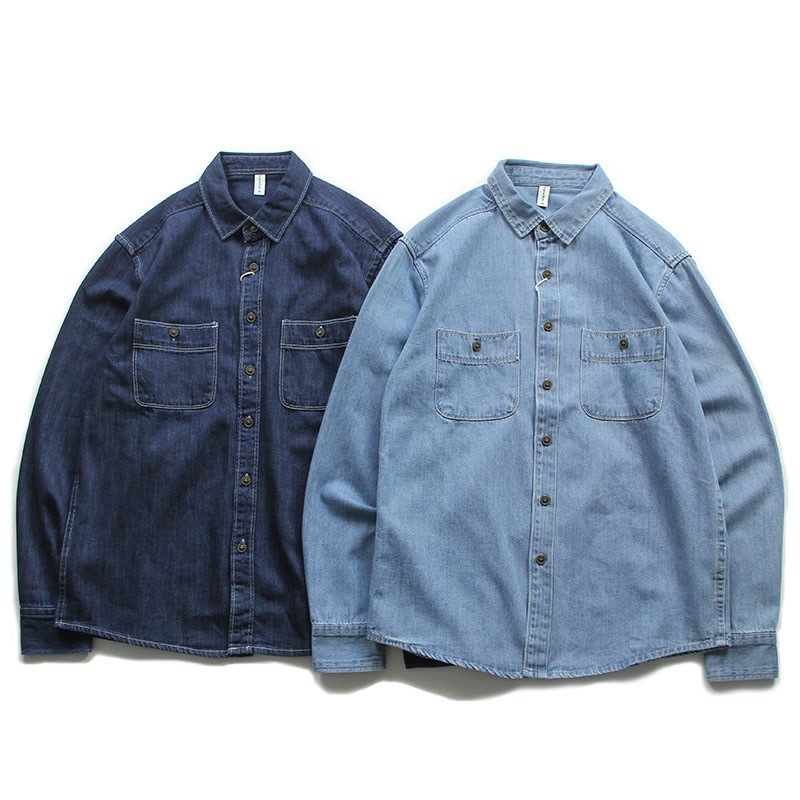 Retro Solid Color Denim Shirt For Men Loose Casual Workwear Top_voghion.com