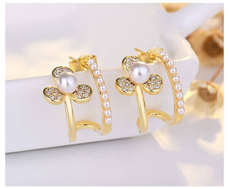 1 Pair Quantity Lady Flower Copper Plating Inlay Artificial Pearls Zircon Ear Studs 1 Pair