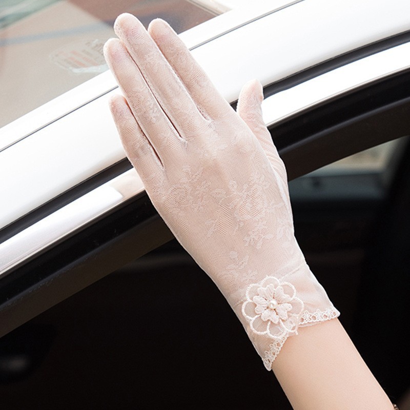 Primavera y verano guantes de protección solar para mujer encaje flor conducción ligera transpirable protección solar al aire libre montar guantes de pantalla táctil