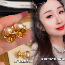 爆款茶色方砖香槟水晶前后戴珠珠耳钉时尚小众设计感百搭银针耳饰