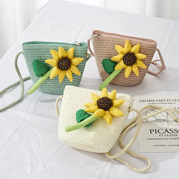 New Bag Princess Key Coin purse hand-woven children's straw bag mini sunflower zipper bag messenger bag