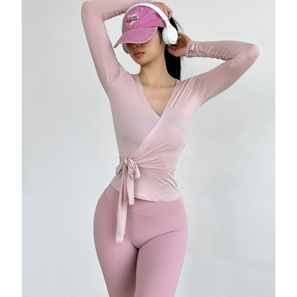 長袖瑜伽服女新款修身舞蹈速乾粉色高級感健身上衣運動罩衫秋1342