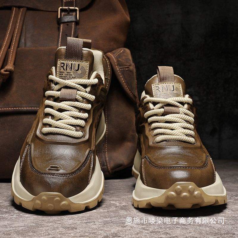 Northern Frontier Wolf Men's Shoes Trendy Black Leather Dad Shoes Men's Thick-Soled Height-Increasing Sports Retro Shoes for Autumn and Winter Running