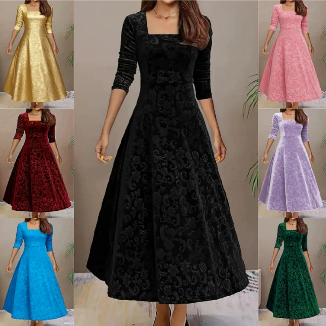 2024 Европейская и американская мода больших размеров: элегантное однотонное жаккардовое платье с длинным рукавом, квадратным вырезом, свободного кроя, очень большого размера, из вельвета.