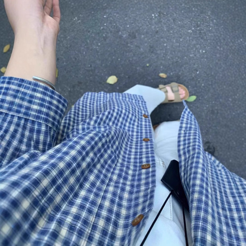 Blue Grid Long-Sleeve Women's Shirt Spring Summer Autumn Sun Protection Top Casual Loose Matchable Top Thin Jacket