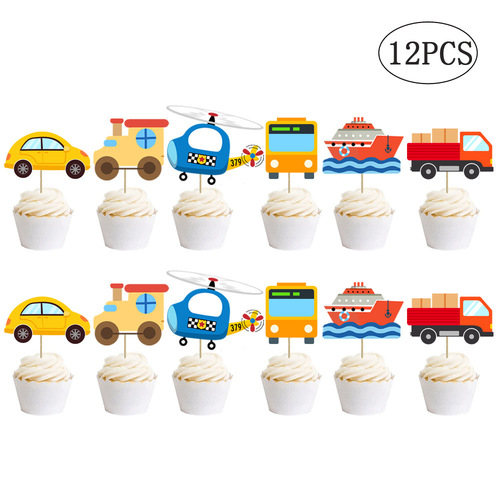 Traffic light paper pull flag cake stick car plane transportation decoration for children's party birthday party supplies