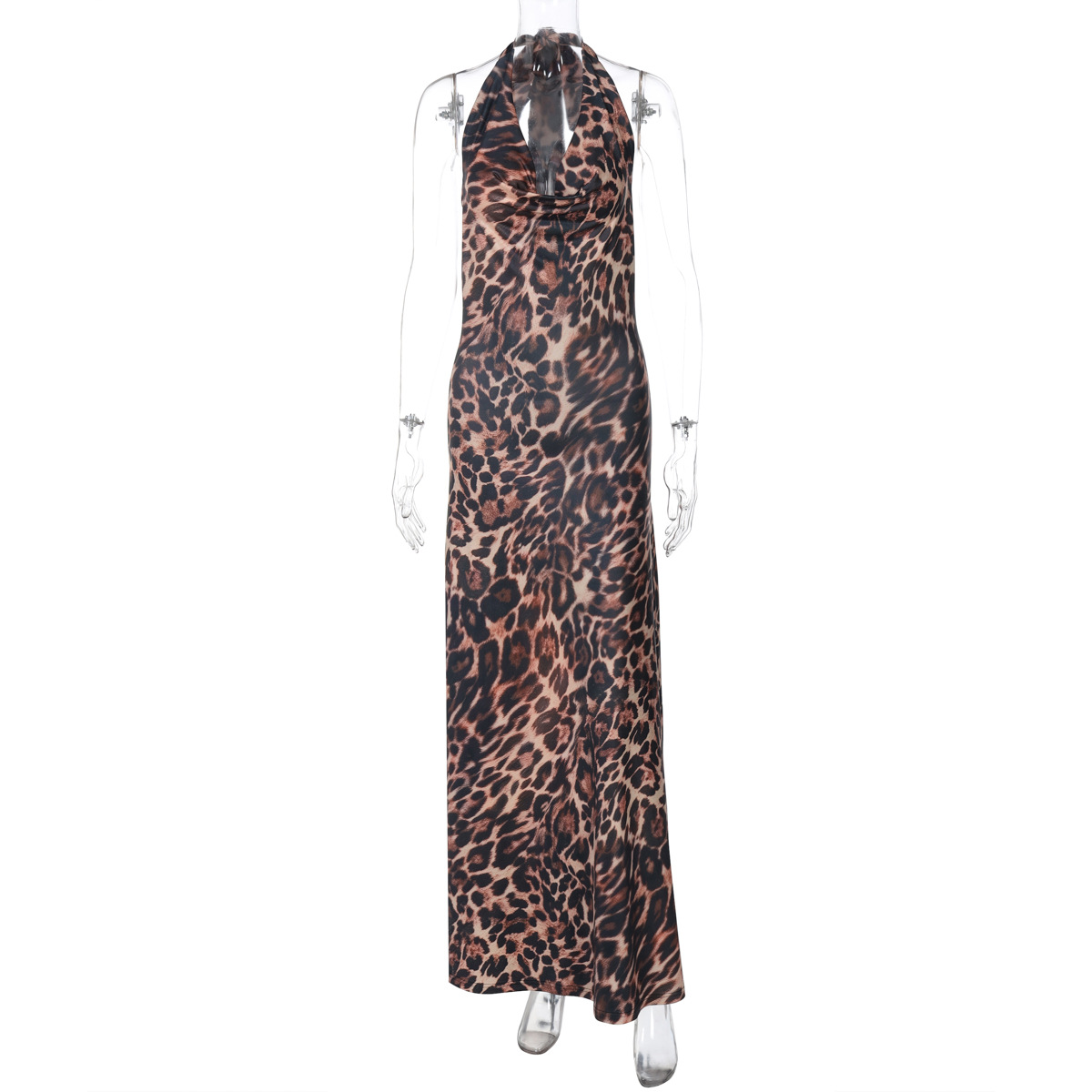 Spring Women Clothes Leopard Print Sleeveless Halter Strap Dress Sexy Backless Dress