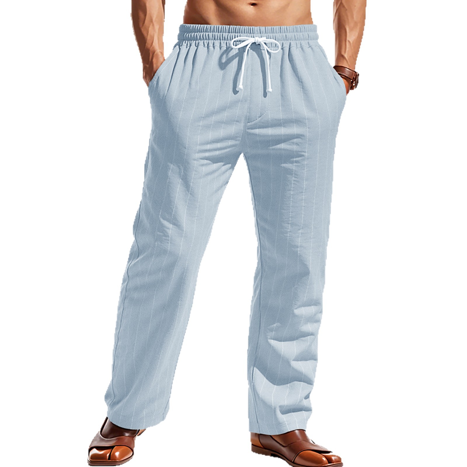 Nuevo Amazon linas transfronterizas de verano delgado pantalones casuales con tiras verticales rectos transpirables pantalones casuales para hombres