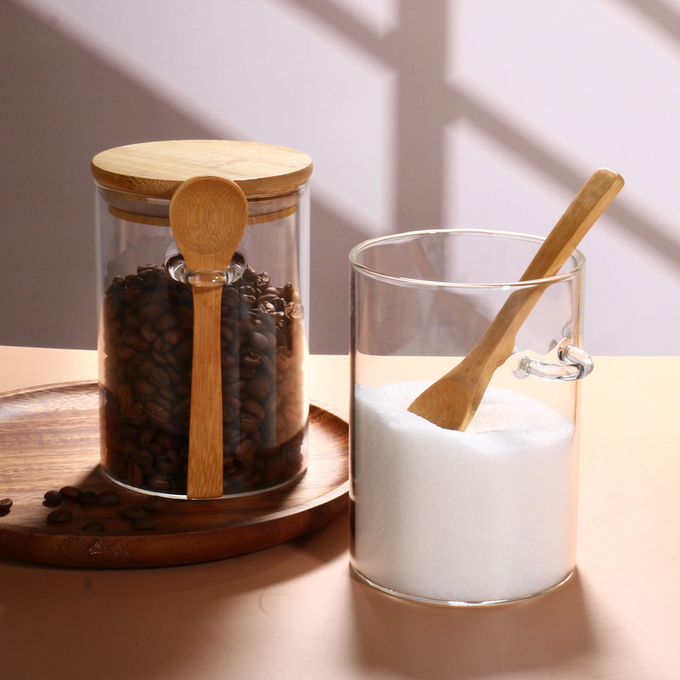 Wholesale con cucharas de vidrio, granos de café, flores de té, tanque de almacenamiento sellado con cucharas de mantenimiento fresco, condimento circular, tanque de almacenamiento