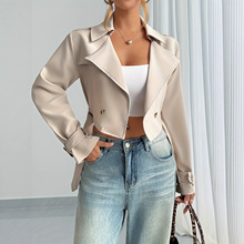 现货春秋新款跨境女装欧美风配腰带长袖短款休闲风衣外套