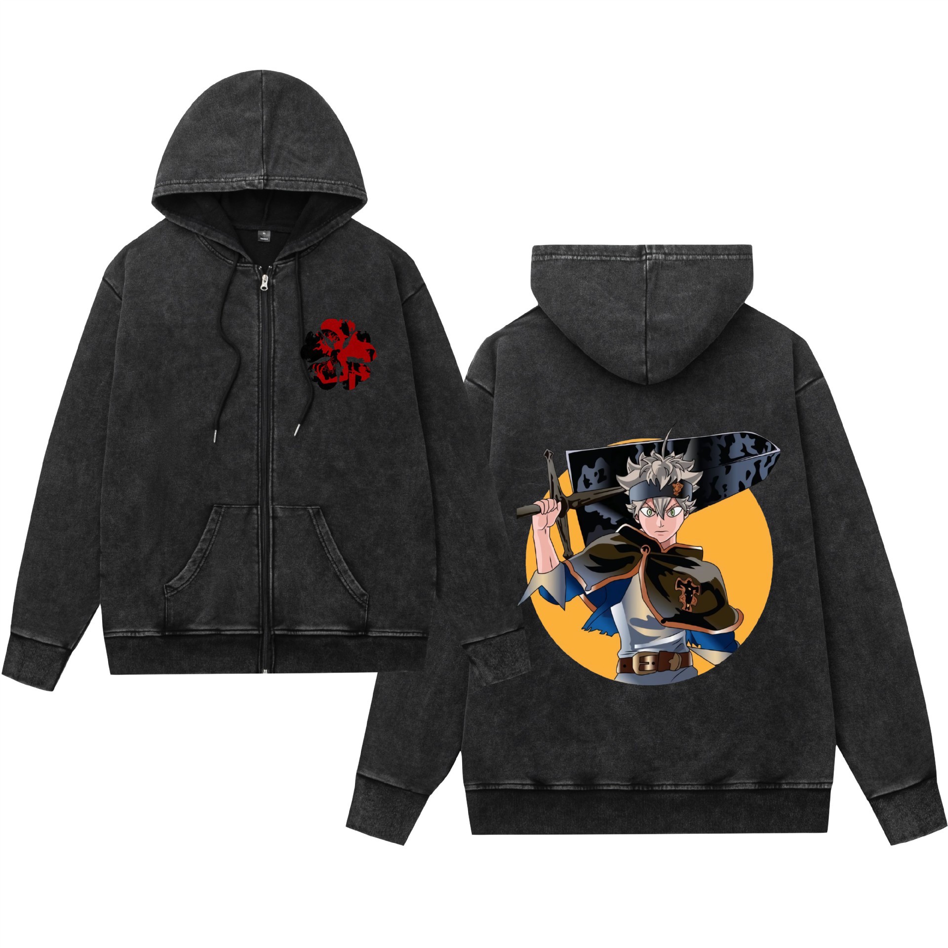 Comercio exterior lavado y desgastado suéter retro con capucha cremallera trébol de cuatro hojas negro estampado hombres y mujeres