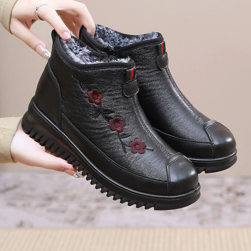 Лидер продаж, Женская хлопковая обувь из мягкой теплой кожи, женская обувь с круглым носком и мягким дном, утолщенная Женская хлопковая обувь среднего и старого возраста, поколение