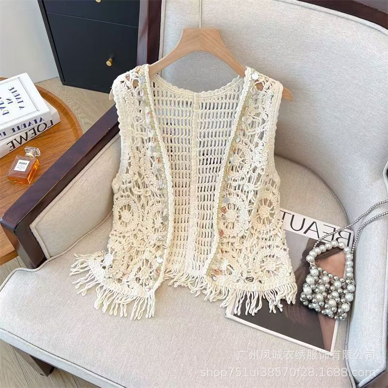 Bohemian Style Sequin Hollow Tassel Vest Vest for Women Summer New Retro Crochet Outer Cardigan Top