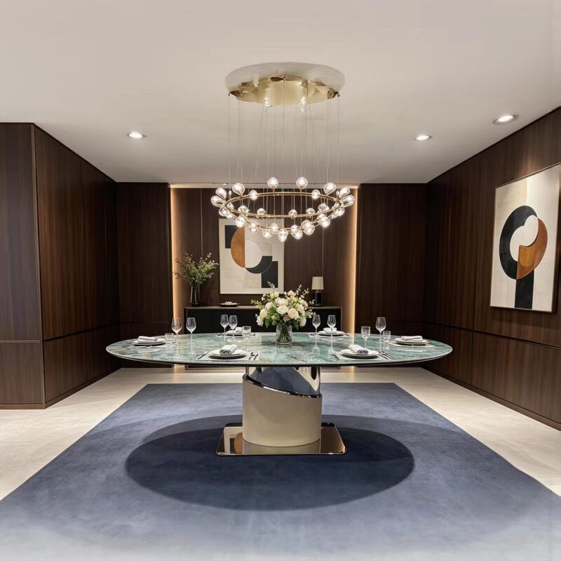 Home-Use Designer-Style Italian Modern Light Luxury Oval Dining Table with Stainless Steel Saddle Leather and Turquoise Stone Slab