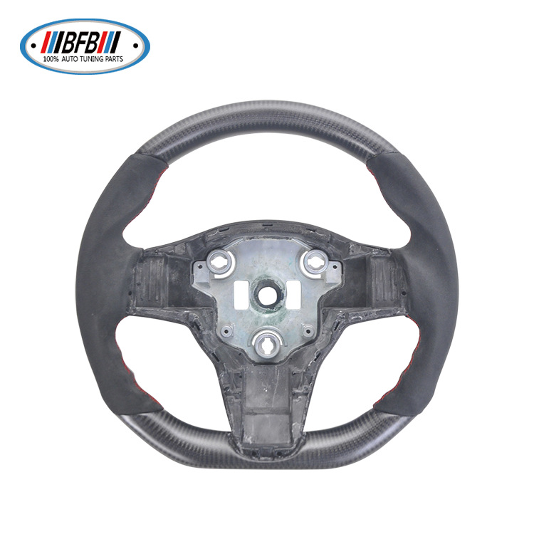100% Real Carbon Fiber Matte Black Steering Wheel with Black Suede and Red Stitching - For Tesla Model Y - Steering Wheel Modification