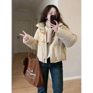 Short Puffer Jacket with Horn Buttons and Stand Collar for Women, New Thickened Winter 2025 Style for Petite Figures