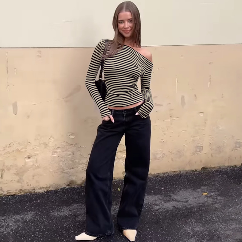 Damen Langarm T-shirt Mit Quadratischem Ausschnitt Rippstrick Top_voghion.com