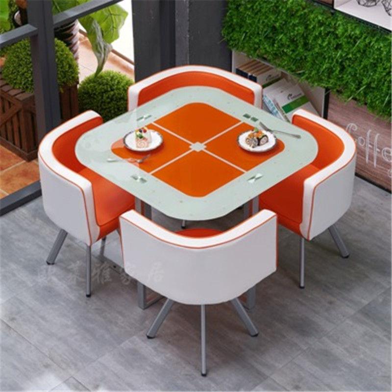 Mesa y sillas de comedor modernas, mesa redonda pequeña de vidrio templado, mesa y sillas para recepción y negociación, una mesa y cuatro sillas, cocina de inducción.