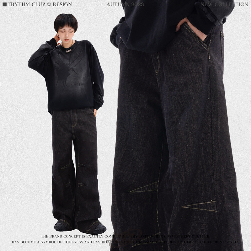 WHOOWAP retro design black wide-leg jeans American street loose straight pants couple trendy men