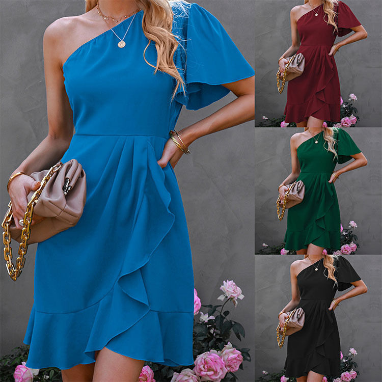Ready Stock Dress 2025 Spring Export Pure Color Single-Sided Sleeves Slanted Shoulder Ruffled Pure Color High Waist Slanted Shoulder Midi Skirt