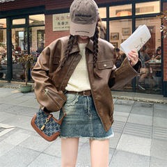2025秋冬新款美式复古咖色皮衣外套女老钱风美拉德夹克机车服上衣
