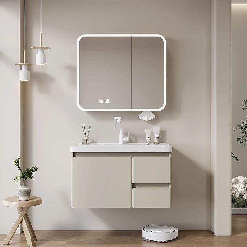 18mm Thickened Stainless Steel Bathroom Cabinet Set with Cream-Colored Waterproof Ceramic Integrated Washbasin Sink 18mm Thickened Stainless Steel Bathroom Cabinet Set with Cream-Colored Waterproof Ceramic Integrated Washbasin Sink