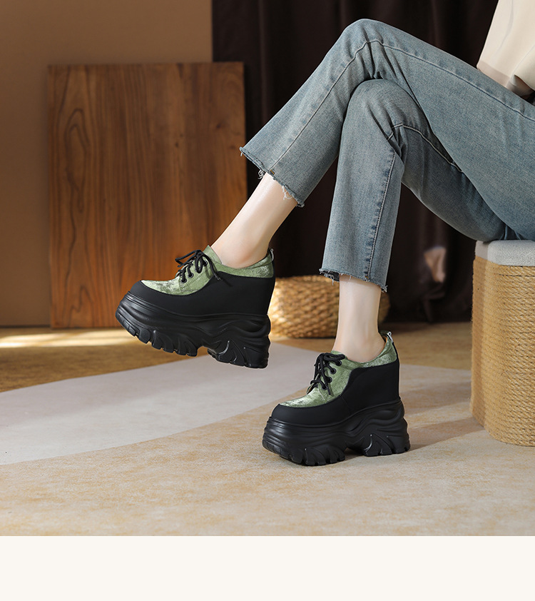 Giày cao gót nữ đế xuồng platform da thật phối màu phong cách Anh quốc, gót 14 cm — Xanh lá cây nhạtcolor chi tiết 3
