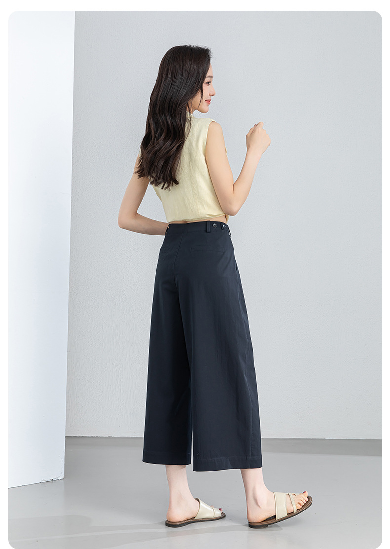 Quần culottes nữ ống rộng cạp điều chỉnh xếp ly mùa hè — màu xanh navy chi tiết 24