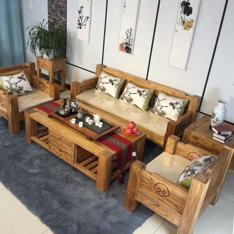 实木沙发老榆木拐角沙发贵妃榻现代简约中式布艺客厅单人位三人位