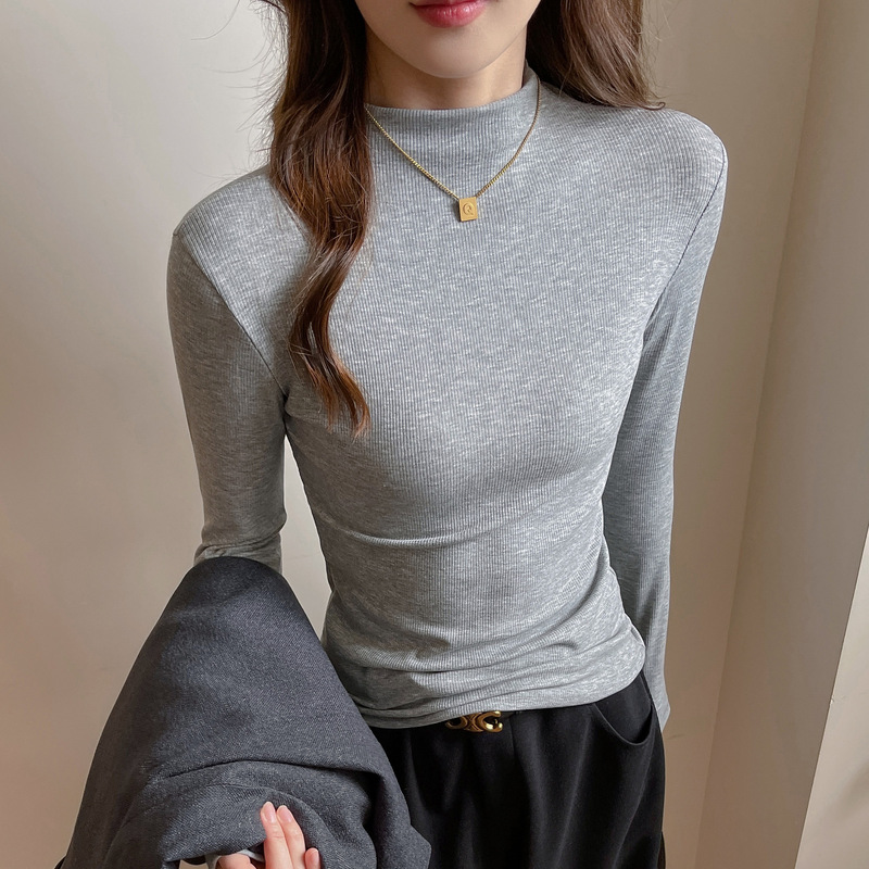Carefully Selected Threaded Half Turtleneck Bottoming Shirt for Women in Early Autumn, High-End Gray Right Shoulder Long-Sleeved T-Shirt, Simple and Versatile Top