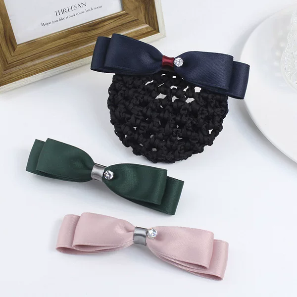 Sweet Bow Head Flower Women's New Rhinestone Simple One Character Clip Net Pocket Professional Work Hair Hair Tie Headwear